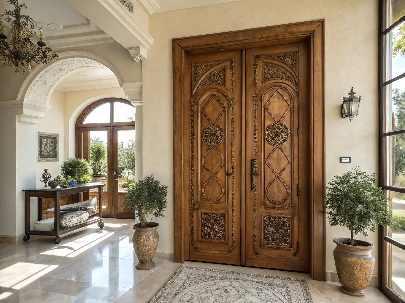 A high-quality image showcasing a modern wooden door with a sleek, minimalist design, installed in a contemporary home interior. The door should be the focal point, highlighting its craftsmanship and elegant finish.