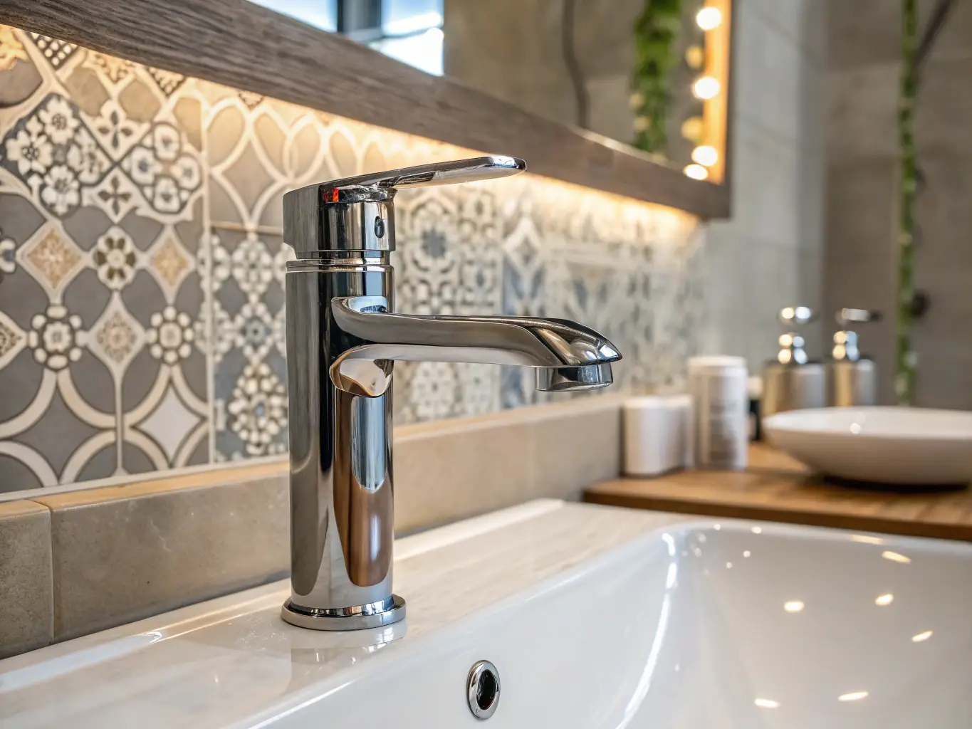 A detailed image of a modern bathroom featuring high-end fixtures, including a stylish faucet, a sleek sink, and a contemporary toilet. The fixtures should be the focal point, showcasing their design and functionality.