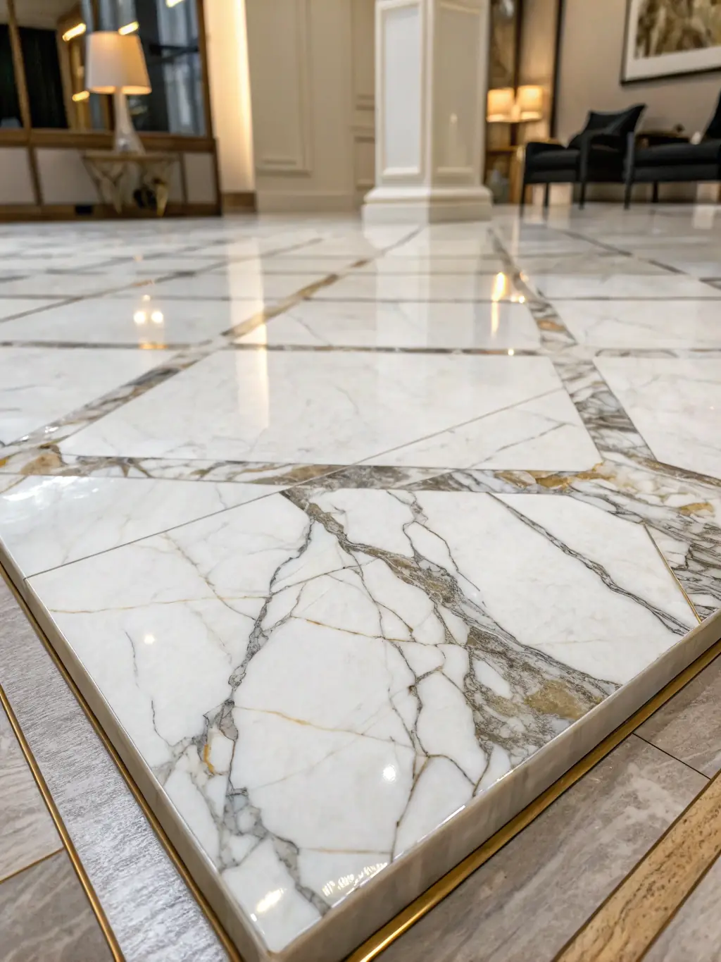 A close-up shot of a polished Carrara marble tile, highlighting its intricate veining and smooth surface, ideal for luxury interiors.